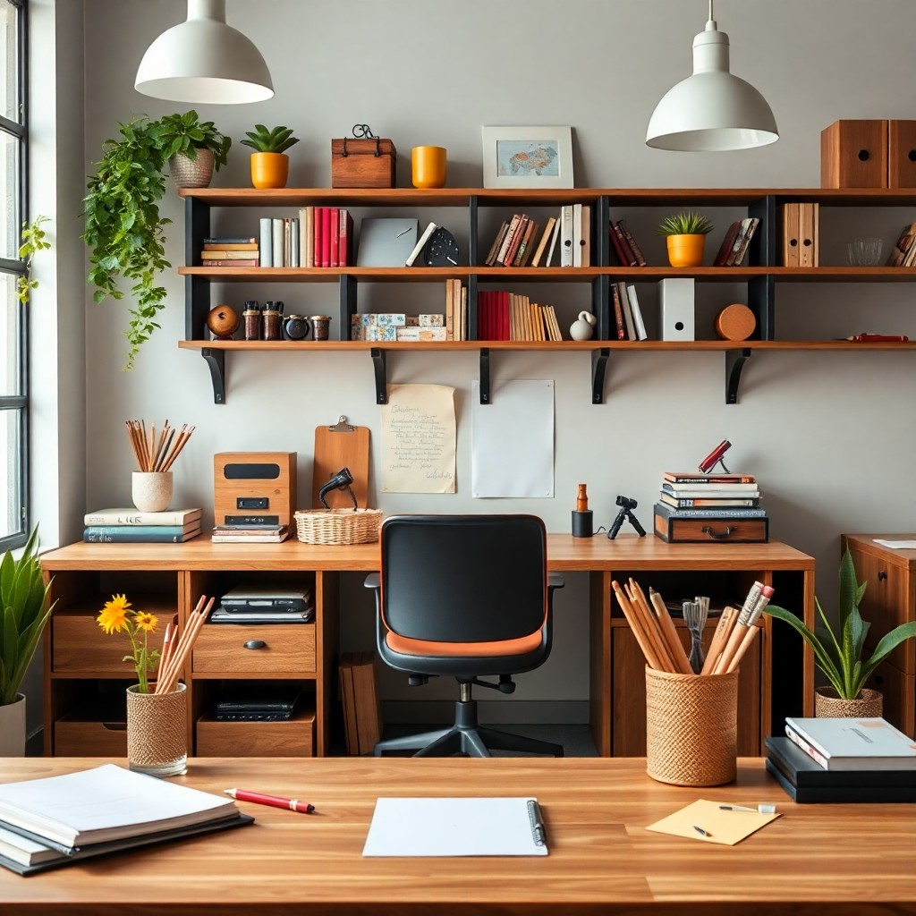 Escritorio organizado con material de oficina premium